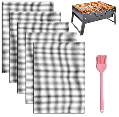 5 Stk 40 x 30cm Antihaft BBQ Grillmatte Für Gasgrill mit Silikon Backpinsel | Grillmatten Für Airfryer Wiederverwendbar Teflon Backmatte, Grill Gitter für Holzkohle, Heißluftfritteuse, Kohlegrill