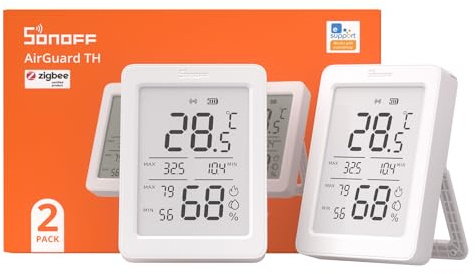 SONOFF SNZB-02DR2 AirGuard TH, Indoor Smart Zigbee Temperature and Humidity Sensor, 3.6'' LCD Display, App Monitoring with charts, Notification Alerts, Data Export, Remote Data Display, 2-Pack