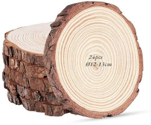 Beutrain 24 Stück Holzscheiben,Ø12-13cm,Baumscheiben 10mm Dicke,Holzklötzchen zum basteln,Runde Holzscheibe Untersetzer Holz Log,Naturholz für DIY Basteln,hochzeitsdeko& Tischdeko