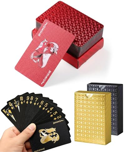 LOZTBUE 3 Mazzi di Carte da Gioco Impermeabili, 54 Carte per Set, Colori Nero Oro Rosso, Carte Premium per Giochi, Intrattenimento, Amici e Famiglia