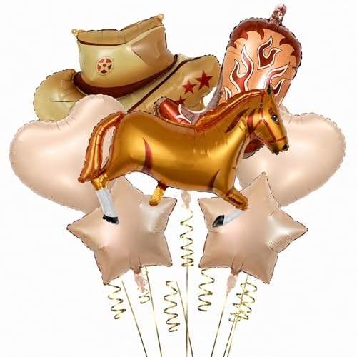Ovanda 7 Stück Western Party Ballons Set, Cowboy Folienballon Set mit Pferd | Cowboyhut, Cowboystiefel & Stern Ballons,Western Cowboy Party Deko für Kindergeburtstag,Pferde Geburtstag, Rodeo Mottoparty