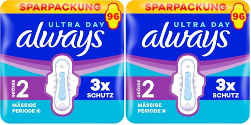 Always Ultra Binden Damen Gr. 2, Long, 96 Damenbinden mit Flügeln (3 x 32 Stück) Multipack, ultradünn und super absorbierend (Packung mit 2)