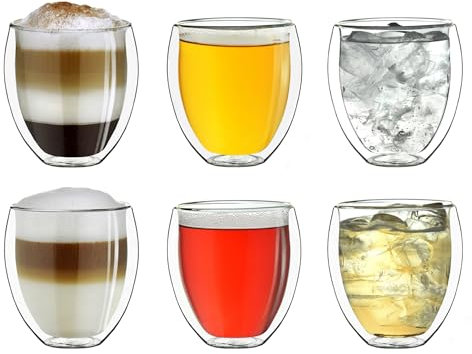 Creano Set 6 Bicchieri Termici Doppia Parete 250ml – Vetro Borosilicato Resistente, Mantiene Caldo e Freddo, Ideale per Caffè, Tè, Latte, Cocktail, Dessert– Lavabile in Lavastoviglie