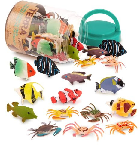 Terra by Battat - Le Monde des Poissons tropicaux - Jouets Poissons tropicaux et crabes - 60 Mini-Figurines en 12 modèles réalistes - 3 Ans et +