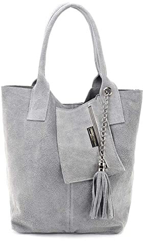 Made IN Italy Damen XXL Leder Tasche Wildleder Shopper Schultertasche Schmucktasche Hellgrau