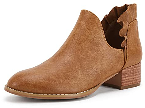 FISACE Womens Ruffled Ankle Boots V Cut Out Pointed Toe Chunky Low Heel Dressy Western Booties Brown
