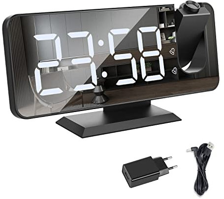 Sveglia con Proiettore, Schermo a LED a Specchio da 7.5, 4 Luminosità, Doppio Allarme con Porta USB, Sveglia Digitale con Proiettore ultra trasparente (Nero con Adattatore)