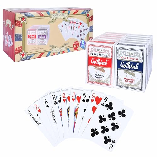 12er-Pack Standard-Spielkarten mit Kunststoffüberzug im Pokerformat – 6 rote und 6 Blaue Decks – Papier mit blauem Kern, Kasino-Qualität, Spielzeug-Geschenk für Familienspiele und Poker