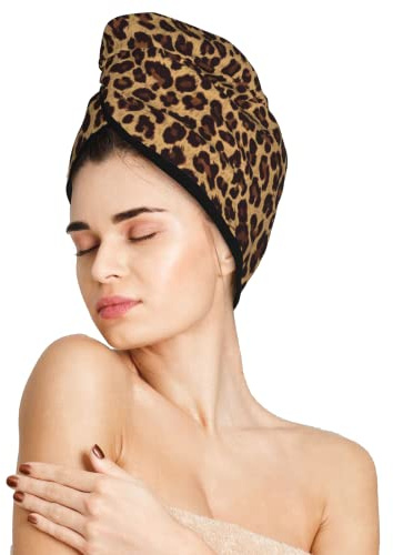 famliihw Mikrofaser-Haarturban mit Leopardenmuster, schnelltrocknend, mit Knöpfen für Damen, zum Trocknen von lockigem, langem und dickem Haar