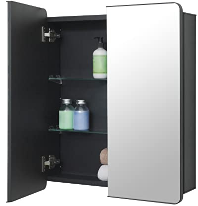 Fundin svart badrumsspegelskåp i aluminium 60 x 70 cm med runda hörn inramad dörr och justerbara glashyllor, infälld eller ytmontering