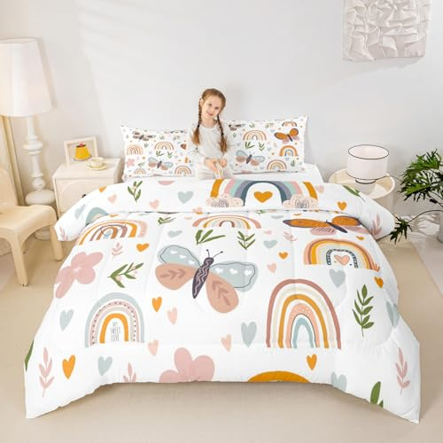 Homewish Rainbow Comforter Set Full Size | Girls Bedding Set Boho Moth Quilt Set Kids Child Teens Bedroom Decor,Cartoon Love Flower Leaves Down Comforter 3Pcs with 2 Pillowcases