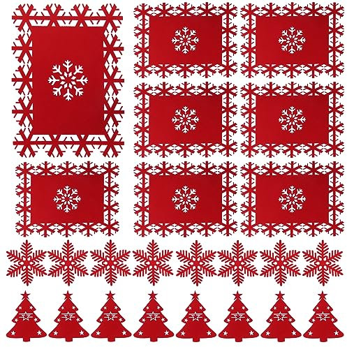 WDJLNZB Set de Manteles Individuales de Navidad Rojos - Festivo Soporte de Vajilla de Fiesta, Bolsa de Vajilla Árbol de Navidad, Posavasos Copo de Nieve, Set de Manteles Individuales de Fieltro