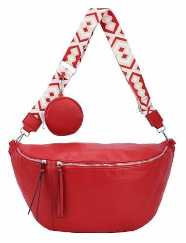 ITALYSHOP24 OBC Damen Tasche Crossbody Brusttasche Hüfttasche Schultertasche Umhängetasche Bauchtasche Gürteltasche Crossover Reisetasche Body Bag Kunstleder Wein Rot XXL