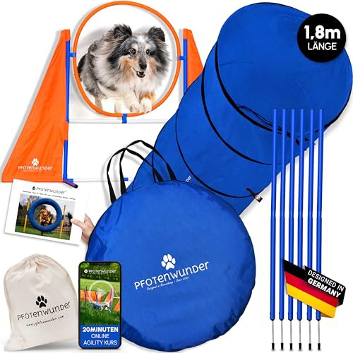 PfotenWunder® Agility Medium-Set Hunde groß + 21 Min. HUNDESCHULE - 6 Slalomstangen, 1 Tunnel, für kleine & große Hunde, Training Sport Spielzeug Cavaletti Parcour Steckhürdenset Zubehör