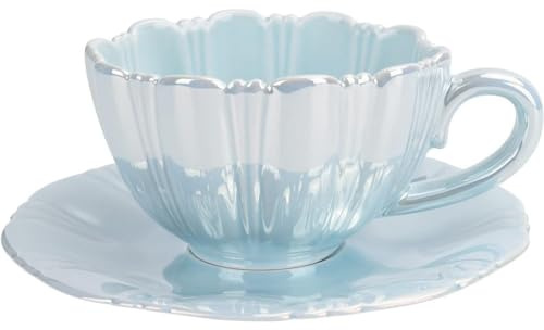 FülleMore Blumenform Kaffeetasse Set Perlenglanz Blumentasse 230ml Espressotasse niedliche Capuccinotasse mit Untertasse für Frauen Freundin Geburtstag Muttertag Valentinstag (Blau)