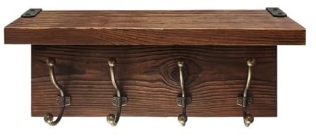 QPZK Rustikale Wandmontage Rack Regal - Holzhaus Shabby Chic Eingangsregal mit rustikalen Haken - Massives Holzhakenregal für Eingang, Schlammraum, Küche, Wohnzimmer Brown