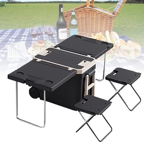 Folding Utility Cart on Wheels,Multi Function Rolling Cooler,Foldable Upgraded Table and 2 Chairs for Picnic Camping Outdoor,no Electricity or Compressor,Camping Storage Box