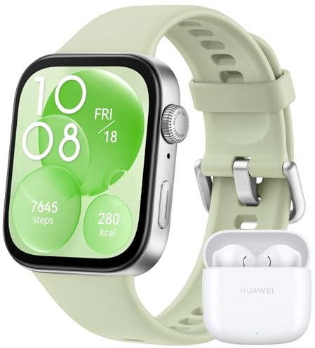 HUAWEI Watch FIT 3, Display AMOLED da 1.82, Monitoraggio fitness e salute, Compatibilie con iOS e Android, Batteria fino a 10 giorni, Chiamate Bluetooth, Green Fluoroelastomero + Freebuds SE 2 White