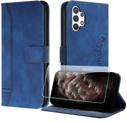 JayModCase Coque pour Samsung Galaxy A32 5G avec Protection écran, Étuis Rabat Folio Housse Cuir Portefeuille [Emplacements Cartes] Magnétique Support pour Galaxy A32 5G - Bleu