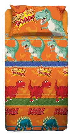 hermet Dinosaurie Lakansset för enkelsäng, för enkelsäng, set med säng, överlakan, underlakan med hörn, örngott, 100% bomull, orange