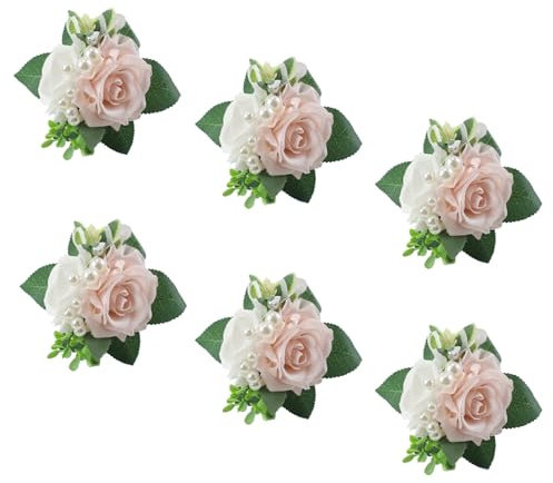 Meldel Ansteckblume für Herren, Hochzeit, 6er-Set, elegante Perlen, Rosen-Boutonniere für Bräutigam, Trauzeugen, Abschlussball, Heimkehr, Jahrestag, Party, Abschlussball, Blumen und Vintage-Hochzeit