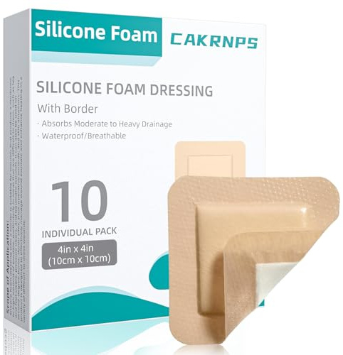 Silicone Foam Dressing 4“ x 4” with Adhesive Border,10 Packs Waterproof Silicone Bandages for Wounds Care, Large Self Adhesive Wound Dressing Bandage for Bed Sore