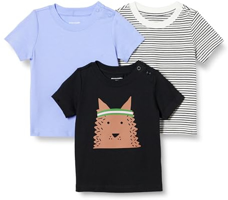 Amazon Essentials T-shirts à Manches Courtes Mixte Enfante, Lot de 3, Bleu/Chien/Tissu Rayé, 4 ans
