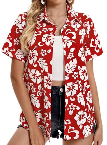 Hawaiian Shirts for Women, Summer Tropical Shirts Womens Floral Tops Beach Button Up Shirts for Women Luau Outfits Hawaii Short Sleeve Blouses for Ladies, Aloha Shirt for Party, Flower Red, Small