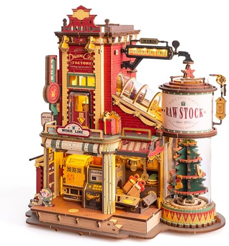 ROBOTIME Puzzle 3D Fabbrica di Regali, Modellismo in Legno da Costruire Adulti, Retrò Vintage Rompicapo Kit di Costruzione, Puzzle in Legno Luminoso con Musica e 5 Elfi per Bambino Adulto EAB01
