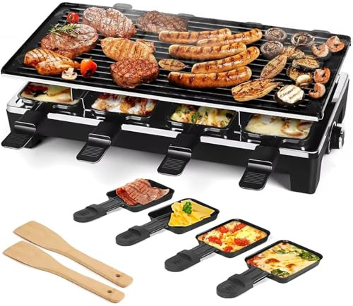 Gril électrique antiadhésif for 8 personnes, pierre à raclette 2 en 1, gril de fête à raclette, gril électrique sans fumée à température réglable de 1 500 W, avec 8 moules à fromage et 2 spatules