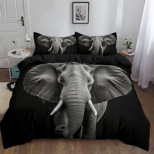 Bettwäsche Set 240x220 cm, Tier Elefant Porträt Fotokunst Wendebettwäsche Mikrofaser, Schwarz Bettbezug mit Reißverschluss - Allergiker Weiche pflegeleicht atmungsaktiv hautfreundlich Deckenbezug