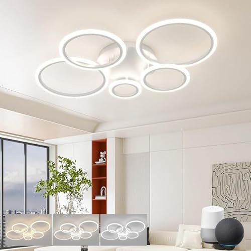 KeLuKes Lampadario LED Moderno Compatibile con Alexa, Plafoniera Intelligente 5 Anelli, 3000K-6500K Regolabile, 82W, Dimmerabile Lampada per Camera da Letto Soggiorno, Bianco, 100cm