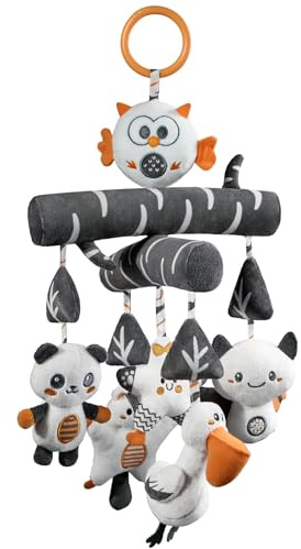 TUMAMA Baby Pram Toy from 0 2 3 4 6 8 9 12 Months, Contrast Black White Play Arch Pendant Gripping Toy Baby Toy with Sound, Plush Animal Hanging Toy Girls Boys Gift