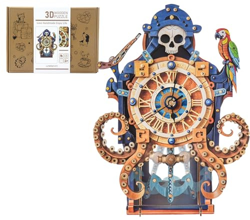 Lilcubics 3D Holzpuzzles für Erwachsene Uhr Kit, Octopus Pirat Mechanische Holzmodellbausätze für Erwachsene zum Bauen, 3D Puzzle Geschenke für Halloween Home Decor
