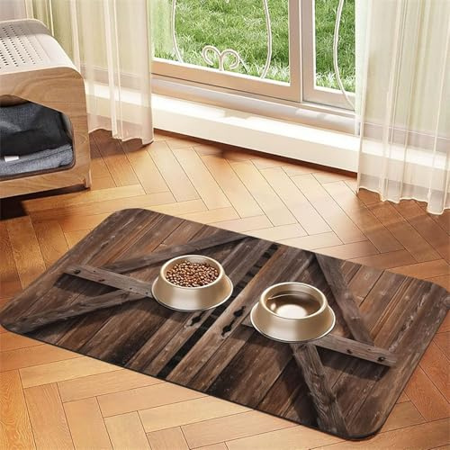 Super Absorbent Dog Food Mat, Vintage Wooden Barn Door Pet Feeding Mat for Food and Water Bowls Non-Slip Waterproof Placement Pad for Floors Quick Dry Water Dispenser Mat for Dogs Puppy Cats