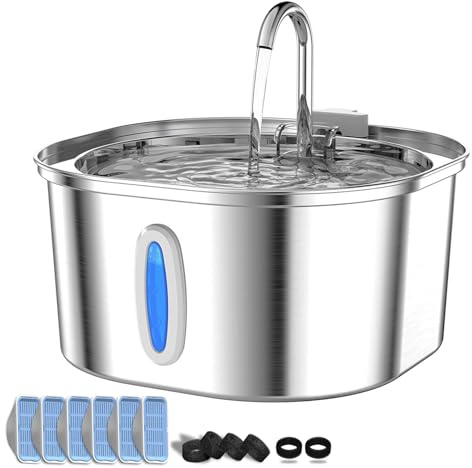 PEKTACO Fontana per gatti in acciaio inox, 3,2 l, per interni, con indicatore del livello dell'acqua, fontana per gatti, fontana per cani, 6 filtri + 6 spugne
