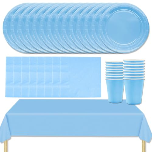MOMAHUA Ensemble de vaisselle pour fête 53P, set de vaisselle bleu clair avec assiettes, nappe, serviettes, tasses, décorations de table unies pour anniversaires, mariages, pique-niques, baby shower