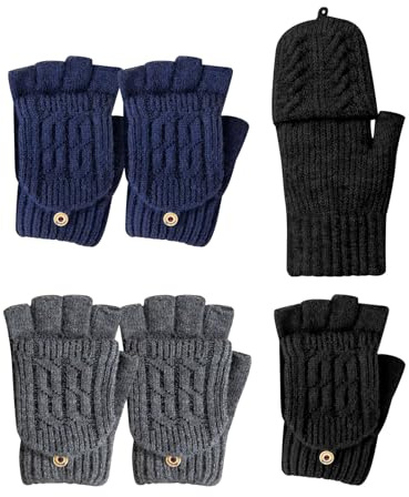 ALONK 3 Paar Fingerlose Handschuhe für Herren und Damen, Flip Handschuhe Winter, Warme Touchscreen Strickhandschuhe Winterhandschuhe
