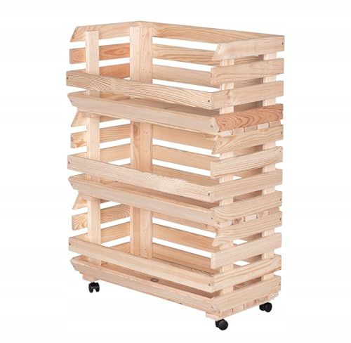 STOLMAK Caja de Madera para Frutas y Verduras con Ruedas 57x79x30 cm Madera Natural Estantería Cocina 3 Niveles Cestas Apilables Almacenaje Patatas Cebollas Ajo