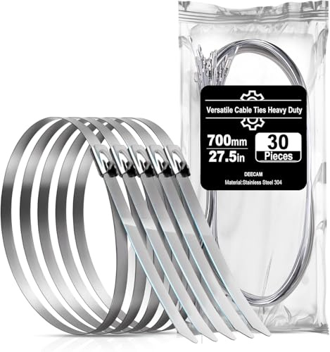 Deecam - Bridas de acero inoxidable, 30 bridas de metal de 10 x 700 mm, bridas de acero inoxidable 304 con tapón de bola de acero, adecuadas para envolver escapes, bridas de encuadernación, reparación