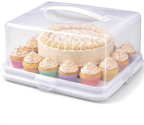 Ploutos World Wide Plastic Cake Box – Clear Lockable Carrier, Square & Round Cake Storage Container with Secure Clips, Durable Fridge-Safe Dessert Holder with Handle & Strong Lid (1, Square)