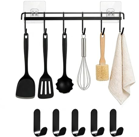 Nivofu 2 Pezzi Porta Utensili da Cucina, 32cm Barra Portautensili Cucina con 6 Ganci, Ganci da Parete Autoadesivi in Ferro, Include 5 Ganci Singoli, Installazione Senza Trapano, Nero