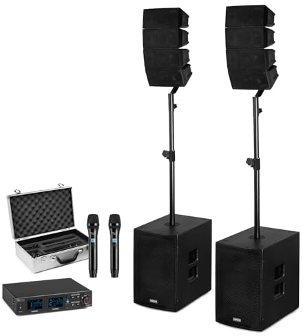 Vonyx 2.2 Line Array Speaker System with Dual Wireless Microphones, 1600W Active Passive PA System, Bluetooth USB DSP, Church PA System and DJ PA System