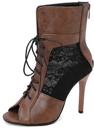 Genérico Mujeres Botines con Cordones Y Cremallera Trasera Punta Abierta Tacón Stiletto Encaje Floral Malla Zapatos Elegantes para Fiestas Y Eventos Formales,Marrón,37 EU