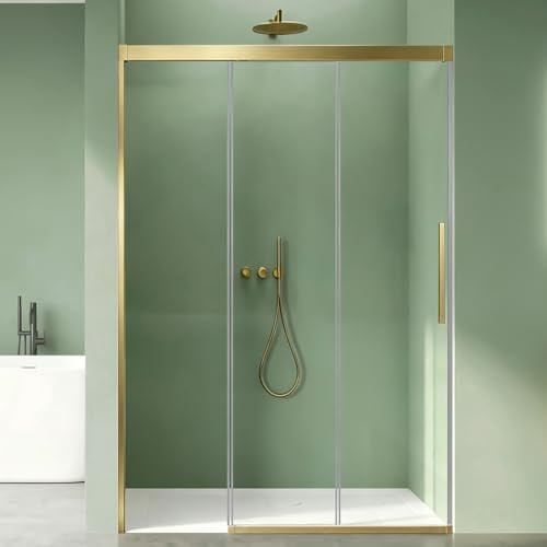 Mai & Mai Paroi de Douche en Niche Porte de Douche Transparent Doré 100cm | Pare Douche avec Porte Coulissante, Verre ESG 8mm, Revêtement NANO, Easy Clean, Montage Réversible, 100x195cm, T70K