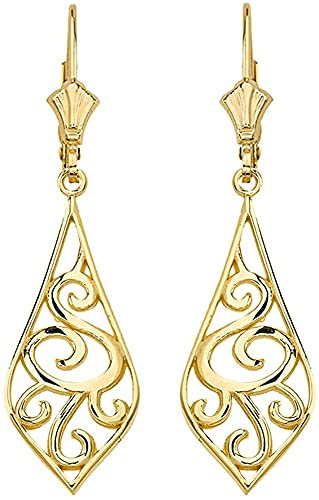 10K Yellow Gold Art Nouveau Swirl Teardrop Dangle Lever back Earrings - 1.65