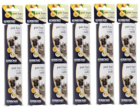 Korbond 12 Pack of 9.8m PET SAFE Lint Roller REFILLS– 396 Sticky Pre-Cut CITRUS SCENTED Sheets- Suitable for ALL FABRIC TYPES - Removes Pet Hair from Furniture and Clothes - Leaves NO RESIDUE