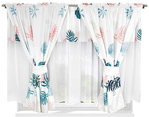 Schöne Fertiggardine Fenstergardine aus Voile dekorative Gardine mit Motiv Kurz Design Weiß Rosa Faltenband Kräuselband LB-210