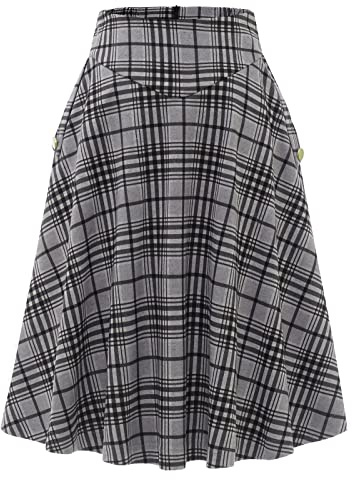 BBONL INEDRESS kjol dam lång vintage elegant pläd vinterkjol varm elastisk midja en linje kjolar casual hög midja midi kjol, Svart grå pläd, L