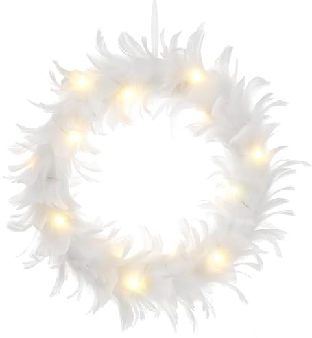 Uonlytech Weiße Federgirlande. Weiß Feder Kranz Weihnachten Kranz für Front Tür Feder mit Led- Leuchten für Indoor Outdoor Halloween Party Dekorationen Weihnachts Mit Lichtern